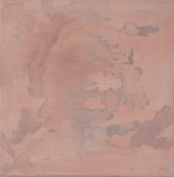 An abstract oil paintng with various tones of pink and purple. There are layers 
                    of paint coming off and underneath all the layers, there is a faint human figure.
