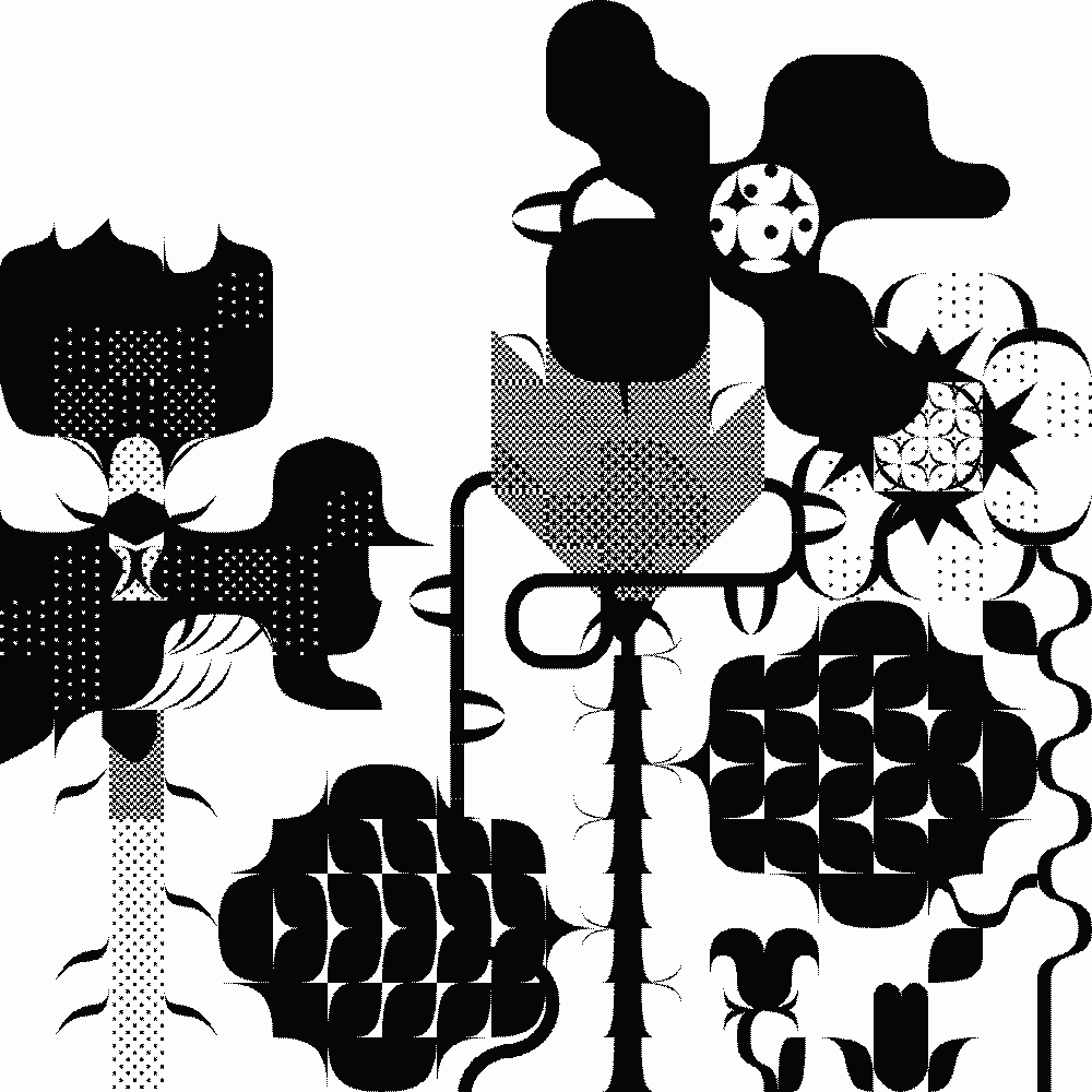 A black and white illustration of various plants growing together.