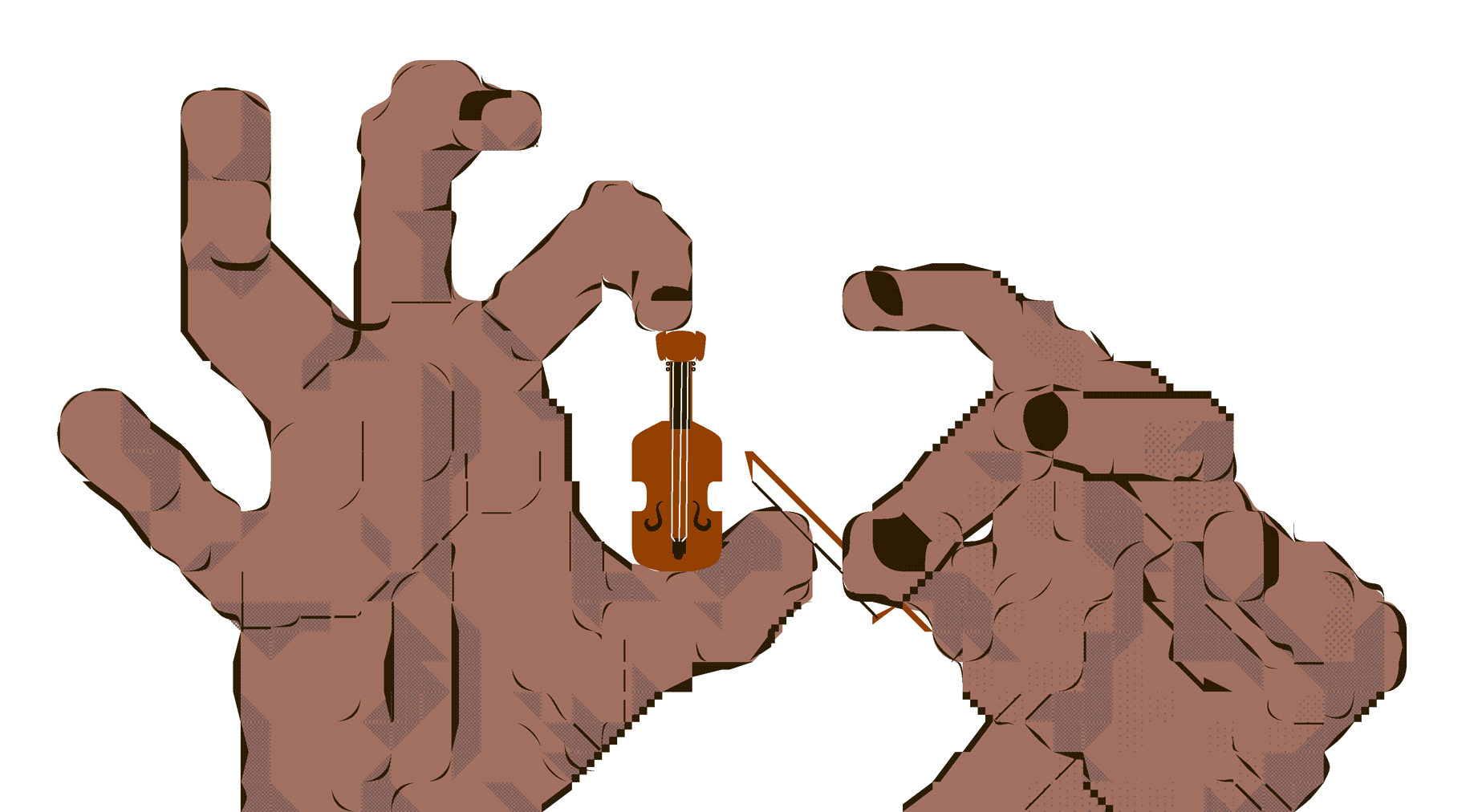 An illustration of a pair of brown hands gently holding
                        a tiny violin.