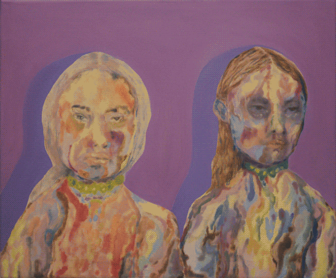 An oil painting of two young girls facing the viewer with serious expressions on their faces.
                    The left figure wears warm hues and the right figure wears cool hues. Background is a solid violet.