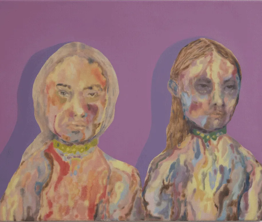 An oil painting of two young girls facing the viewer with serious expressions on their faces.
                        The left figure wears warm hues and the right figure wears cool hues. Background is a solid violet.