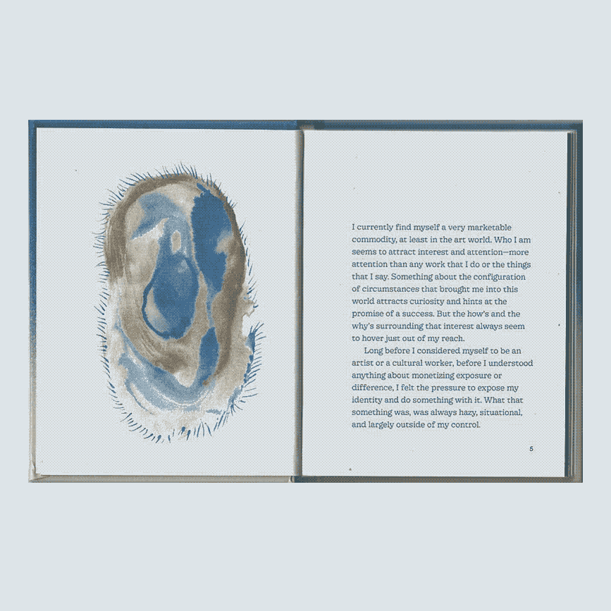 A scan of a spread from 'Performing a Lifetime'. The left page contains a blue 
                    and brown watercolor illustration of a figure that resembles a cell. 
                    The right page contains text.
