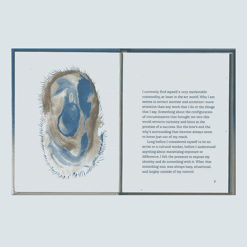 A scan of a spread from 'Performing a Lifetime'. The left page contains a blue 
                        and brown watercolor illustration of a figure that resembles a cell. 
                        The right page contains text.