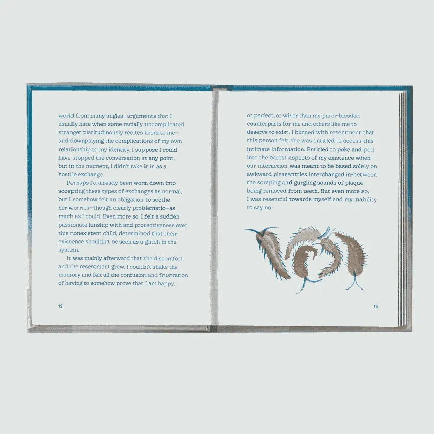 Another scan of a spread from 'Performing a Lifetime'. The left page contains 
                        text and the right page contains a blue and brown watercolor illustration of
                        figures that resembles microbes.