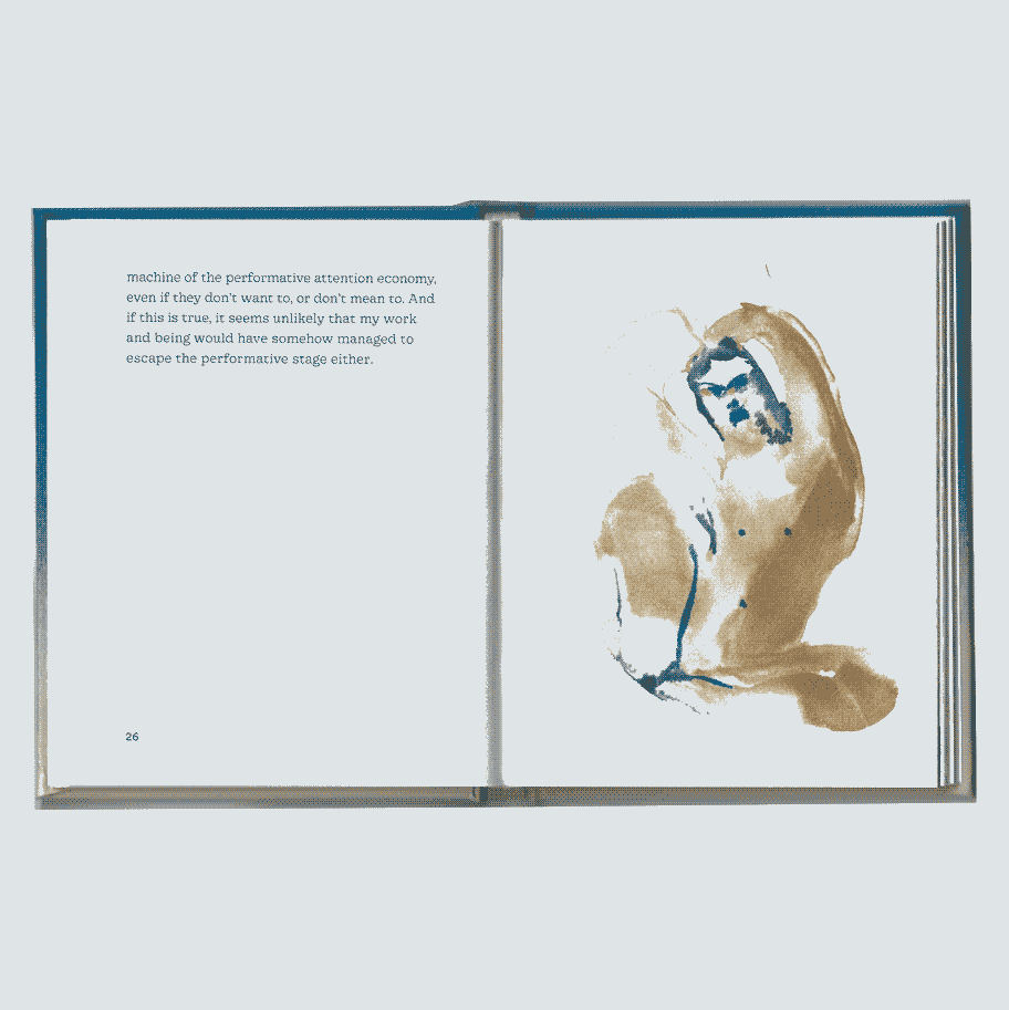 Another scan of a spread from 'Performing a Lifetime'. The left page contains text 
                    and the right page contains a blue and brown watercolor illustration of a human figure 
                    sitting down with their arms bent over their head.