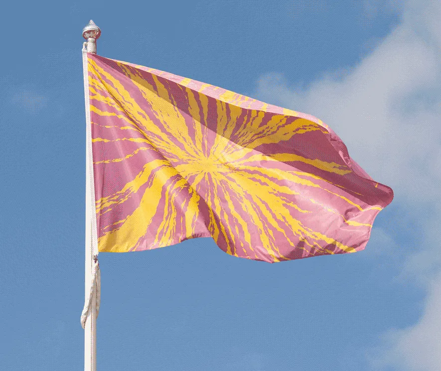 A flag pole with a pink flag is waiving against a clear blue sky. The flag has a yellow
                    sunburst pattern radiating from an off-center point.
