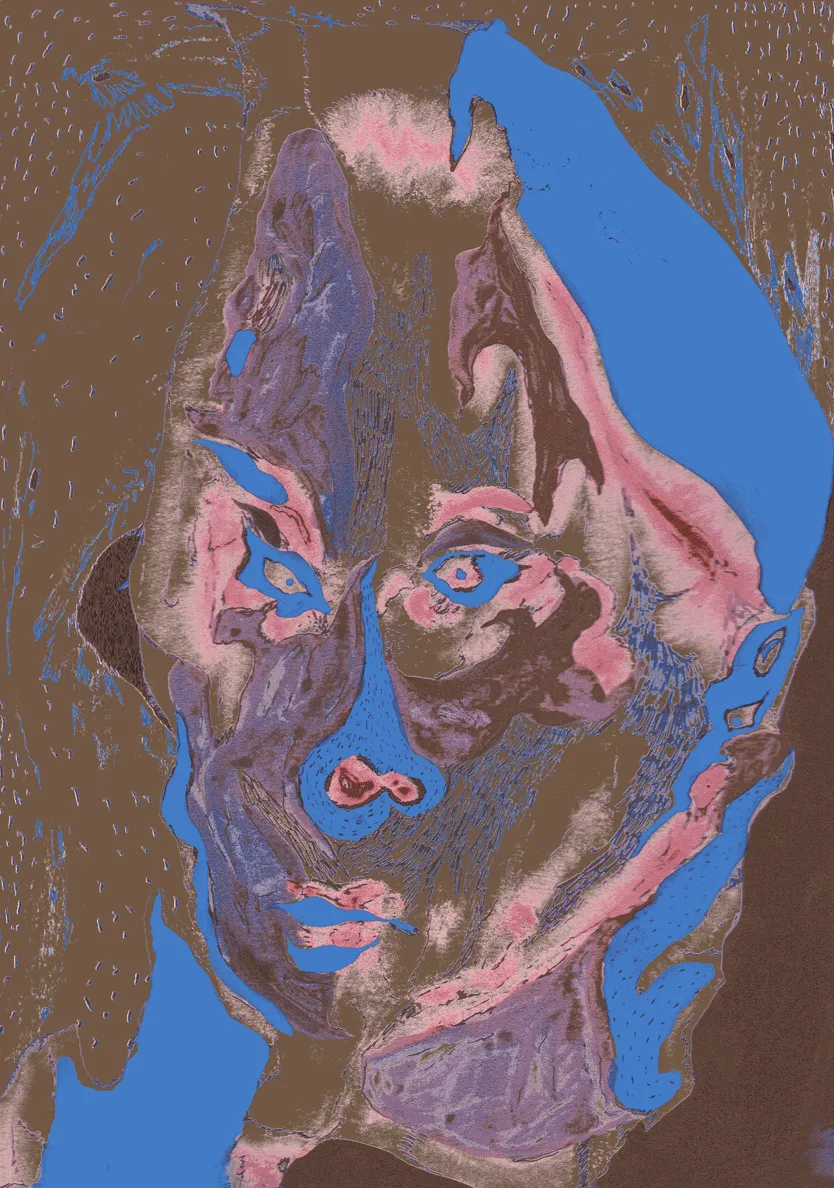 A watercolor-like print of a humanish figure. The drawing has many textures within the figure 
                    and the background. It was printed using brown, pink and blue.
