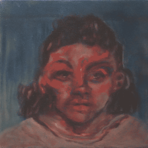 Documentation of a small oil painting. It is a person with a serious expression
                    looking straight to the viewer; the background is an ambigious blue space and 
                    the figure is red.