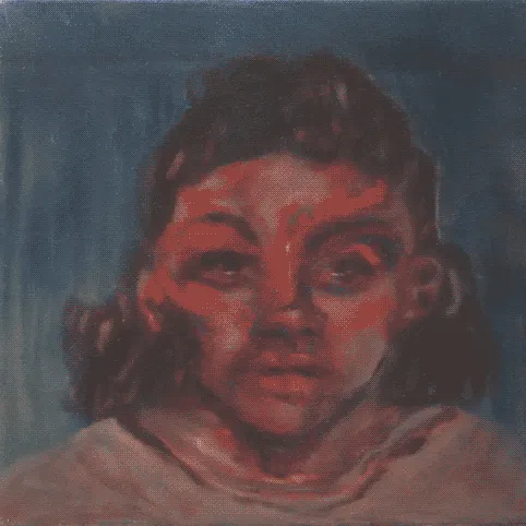 Documentation of a small oil painting. It is a person with a serious expression
                            looking straight to the viewer; the background is an ambigious blue space and 
                            the figure is red.
