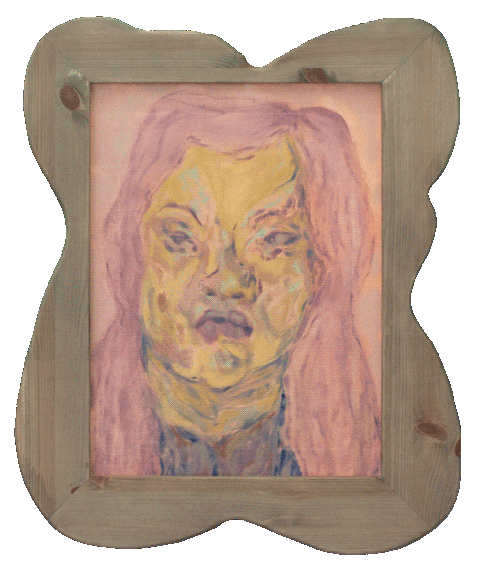 A small oil paninting of a person with long pink hair.
                    They are looking straight to the viewer with a serious expression
                    on their face. The painting contains various tones of pink, yellow
                    and blue. the painting is encased in a wooden frame.