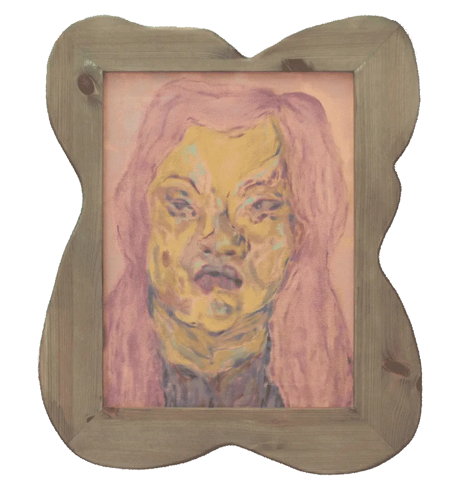 A small oil paninting of a person with long pink hair.
                            They are looking straight to the viewer with a serious expression
                            on their face. The painting contains various tones of pink, yellow
                            and blue. the painting is encased in a wooden frame.