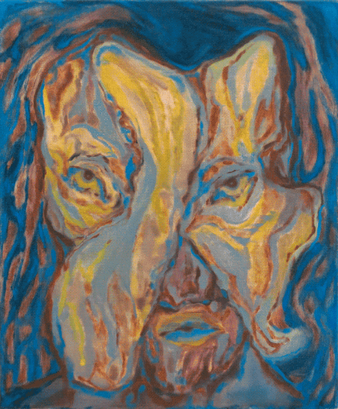 An oil painting with swirls of red, blue and yellow paint
                    make up a human-like figure.