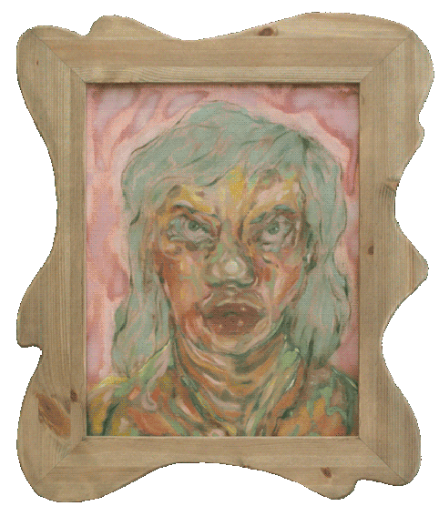 A small oil paninting of a person with long pastel green 
                    hair. They are looking straight to the viewer with a serious expression 
                    on their face. The painting contains various tones of green, pink, and blue.
                    The painting is encased in a wooden frame.