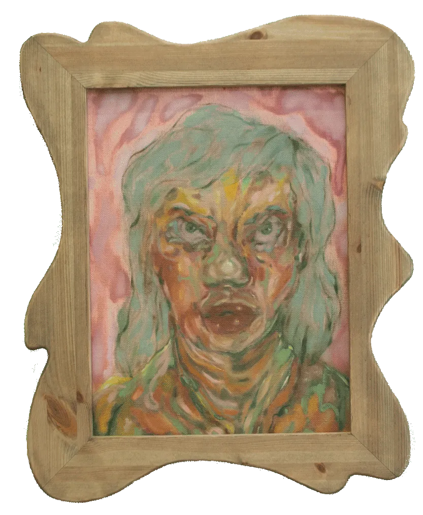 A small oil paninting of a person with long pastel green 
                            hair. They are looking straight to the viewer with a serious expression 
                            on their face. The painting contains various tones of green, pink, and blue.
                            The painting is encased in a wooden frame.