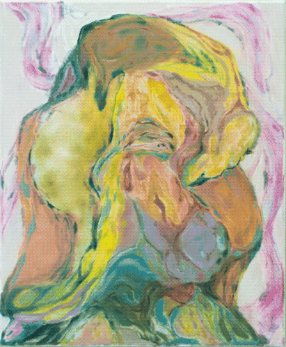 An oil painting with organic shapes with various tones of pink, green 
                    and yellow make up a human-like figure.