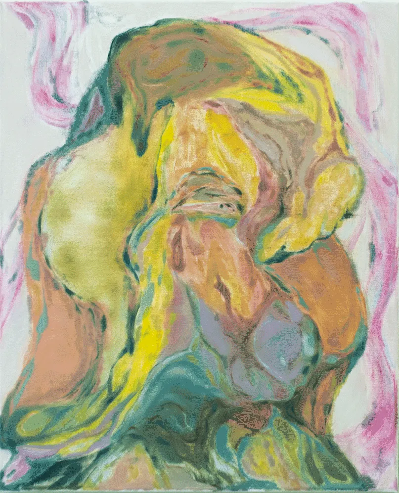 An oil painting with organic shapes with various tones of pink, green 
                            and yellow make up a human-like figure.