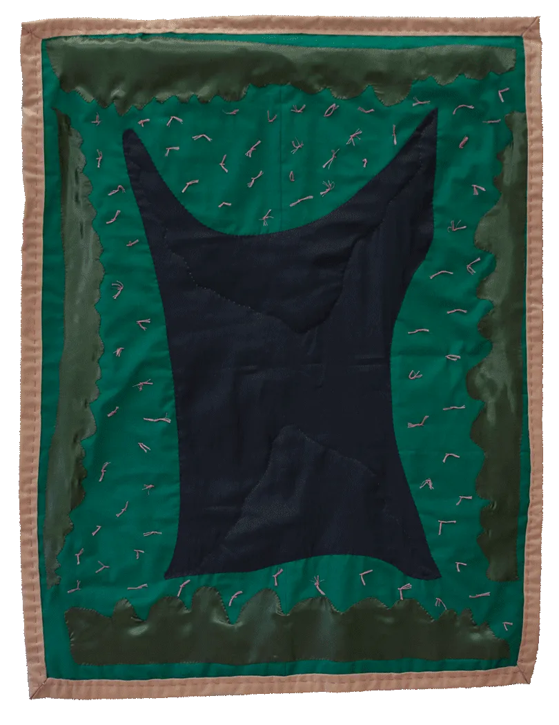 A large green quilt has a dark purple organic shape at the center, around it, 
                    are four green fluid shapes. The quilt has a peach colored binding and hot pink knots
                    scattered throughout the surface.