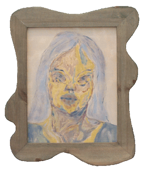 A small oil paninting of a person wit long pastel blue hair.
                    They are looking straight to the viewer with a serious expression on 
                    their face. The painting is encased in a wooden frame.