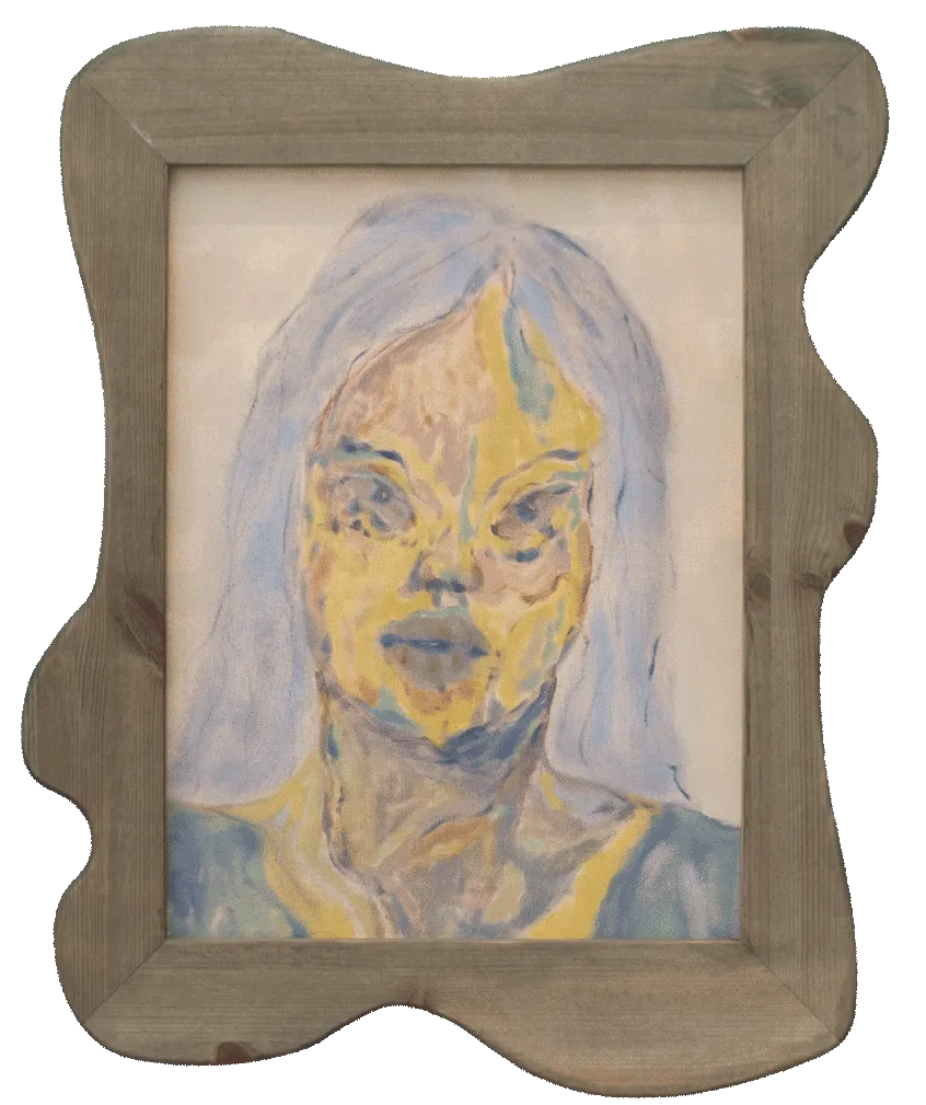 A small oil paninting of a person wit long pastel blue hair.
                            They are looking straight to the viewer with a serious expression on 
                            their face. The painting is encased in a wooden frame.
