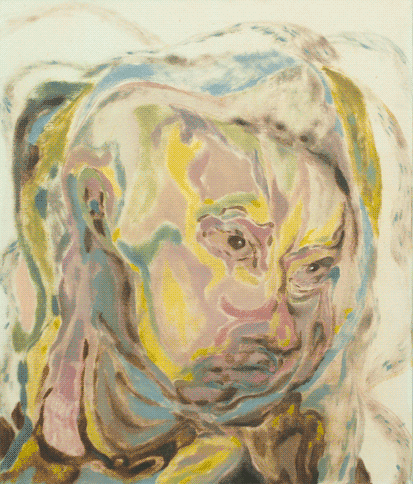 An oil painting with organic shapes in various tones of brown, pink, yellow and blue 
                    making up a human-like figure