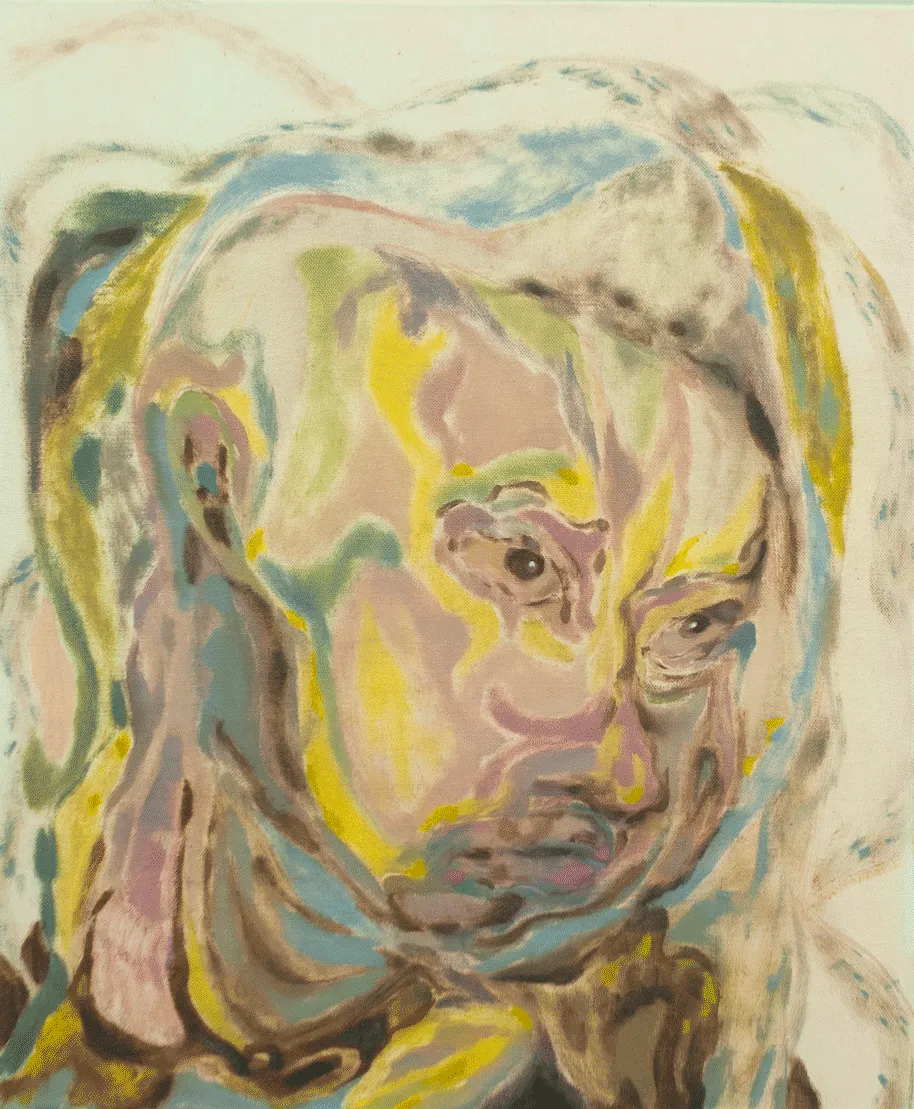 An oil painting with organic shapes in various tones of brown, pink, yellow and blue 
                            making up a human-like figure