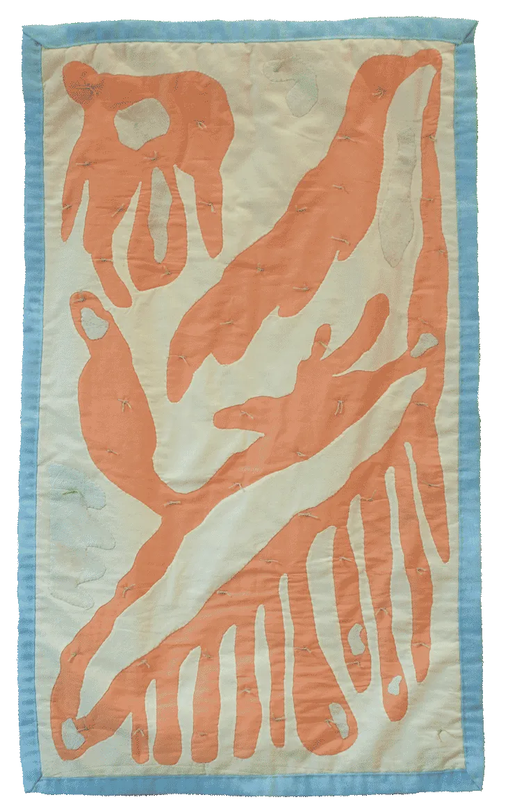 A pale yellow quilt has salmon pink organic shapes throughout the surface and 
                    there are light green knots within the salmon pink shapes. The quilt has a light blue
                    binding.