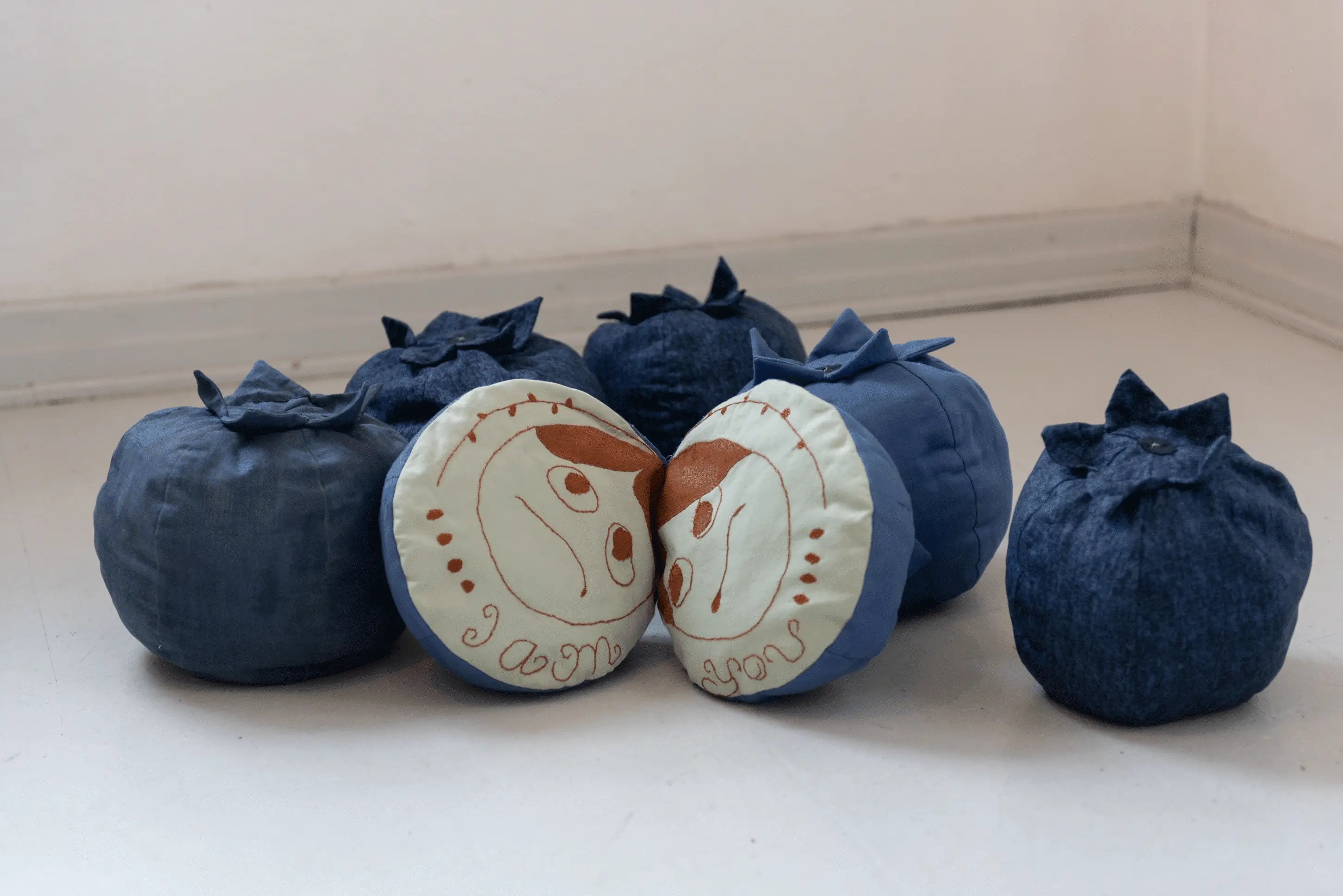 A close-up of blueberry sculptures made from fabric. One blueberry is cut in half, there is a face
                    on each side of the sliced blueberry with words underneath each face, together it reads:I am you..