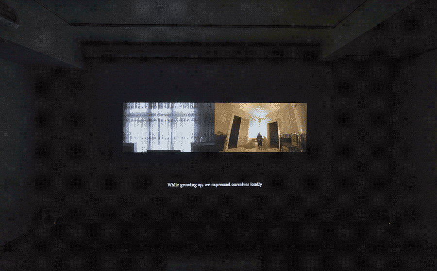 The smaller room in the same gallery space. It is dark and on the wall is a 
                projection of a video installation.