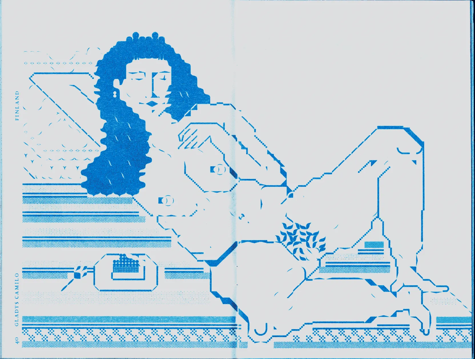An illustration of a nude woman relaxing on a carpet and reclining on a pillow. 
                    She is enjoying a plate of pie.