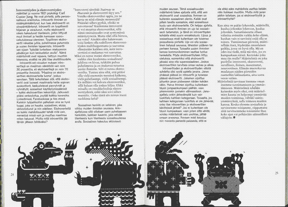 A scan of an article with a black and white illustration of fashionable reptilians socialising.