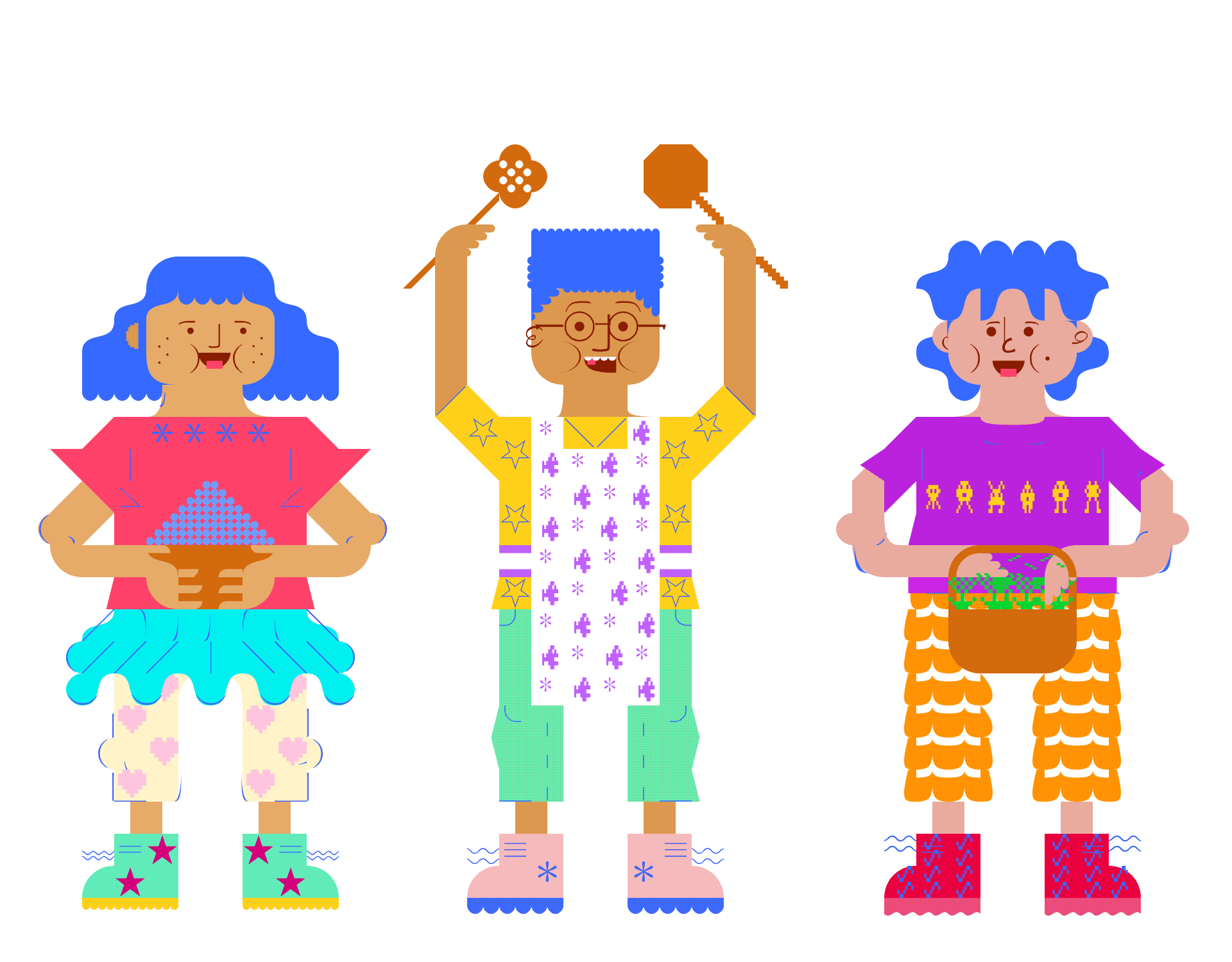 An illustration of three children facing the viewer. From left to right:
                    One child is holding a bowl of blueberries, the following child is holding cooking 
                    utencils over their head, and the last child is holding a basket filled with greens.
                    They are all wearing colorul outfits and have happy expressions on their faces.
