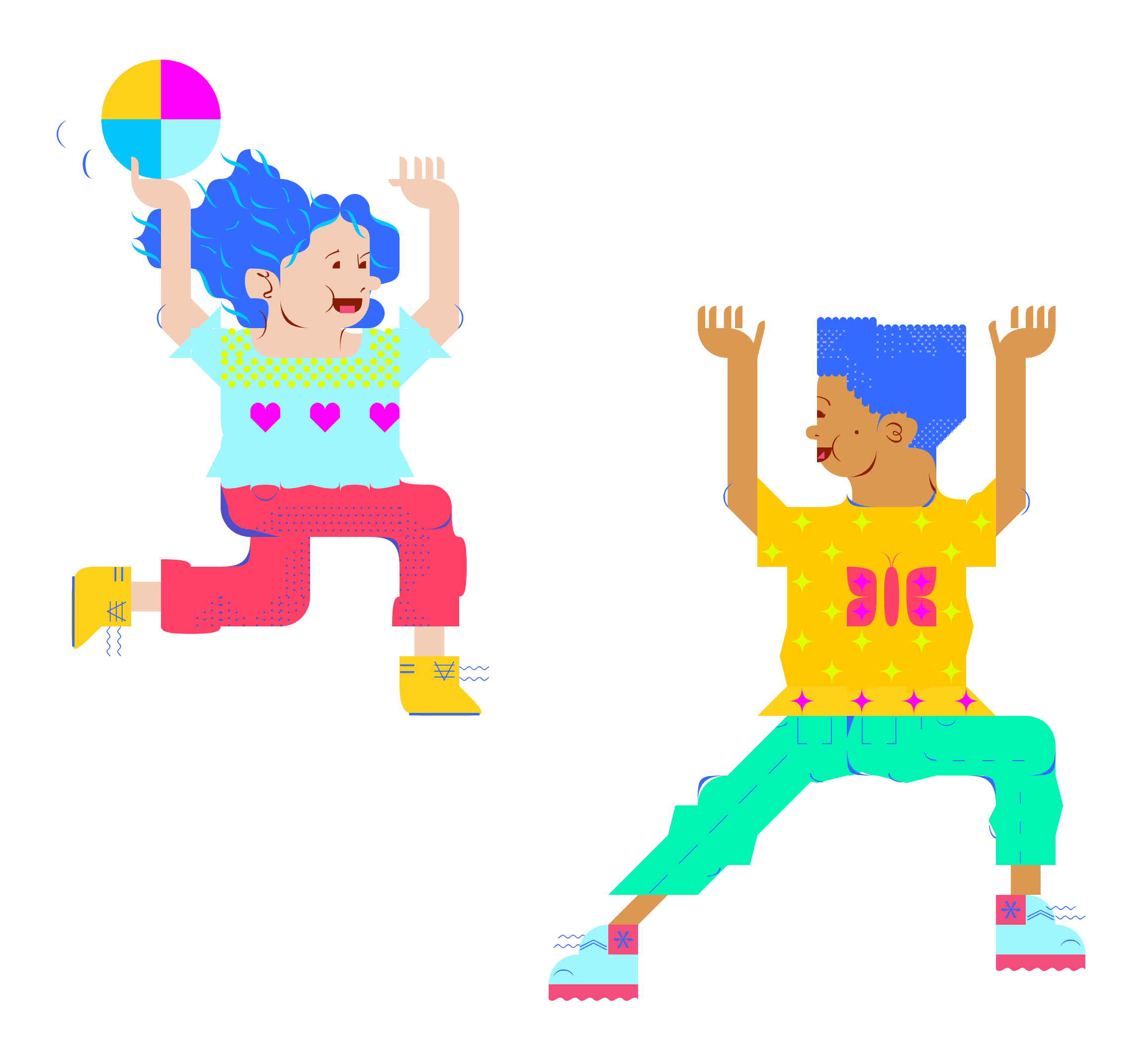An illustration of two children playing ball. they are both wearing colorful 
                    outfits with a joyous expression on their faces.