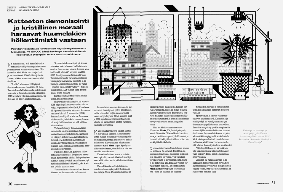 A scan of an article with two black and white illustrations. One is of a woman walking and using
                a vape. The other is of a window sill filled with plants, books and decorations.