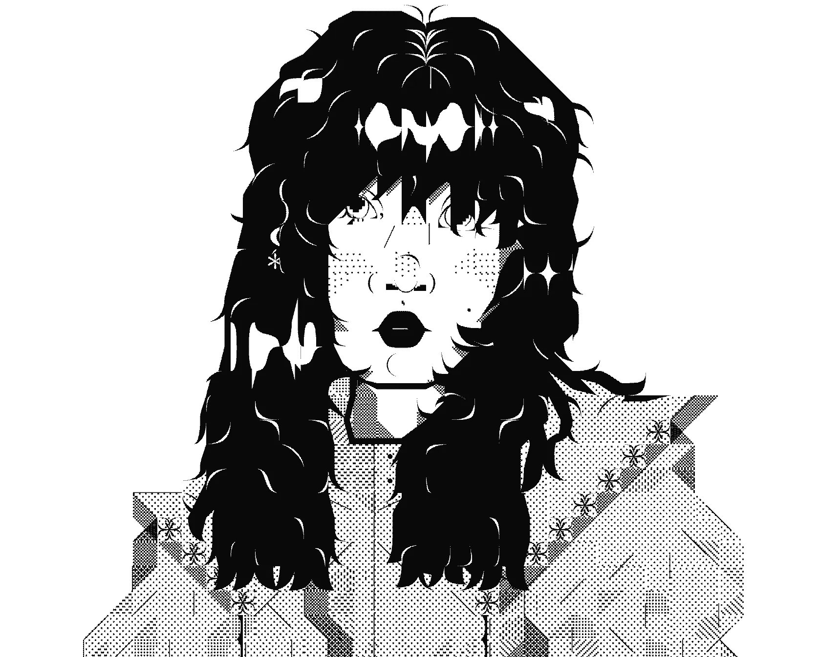  A black and white illustration of a portrait of a woman with dark hair and 
                            wide bangs.