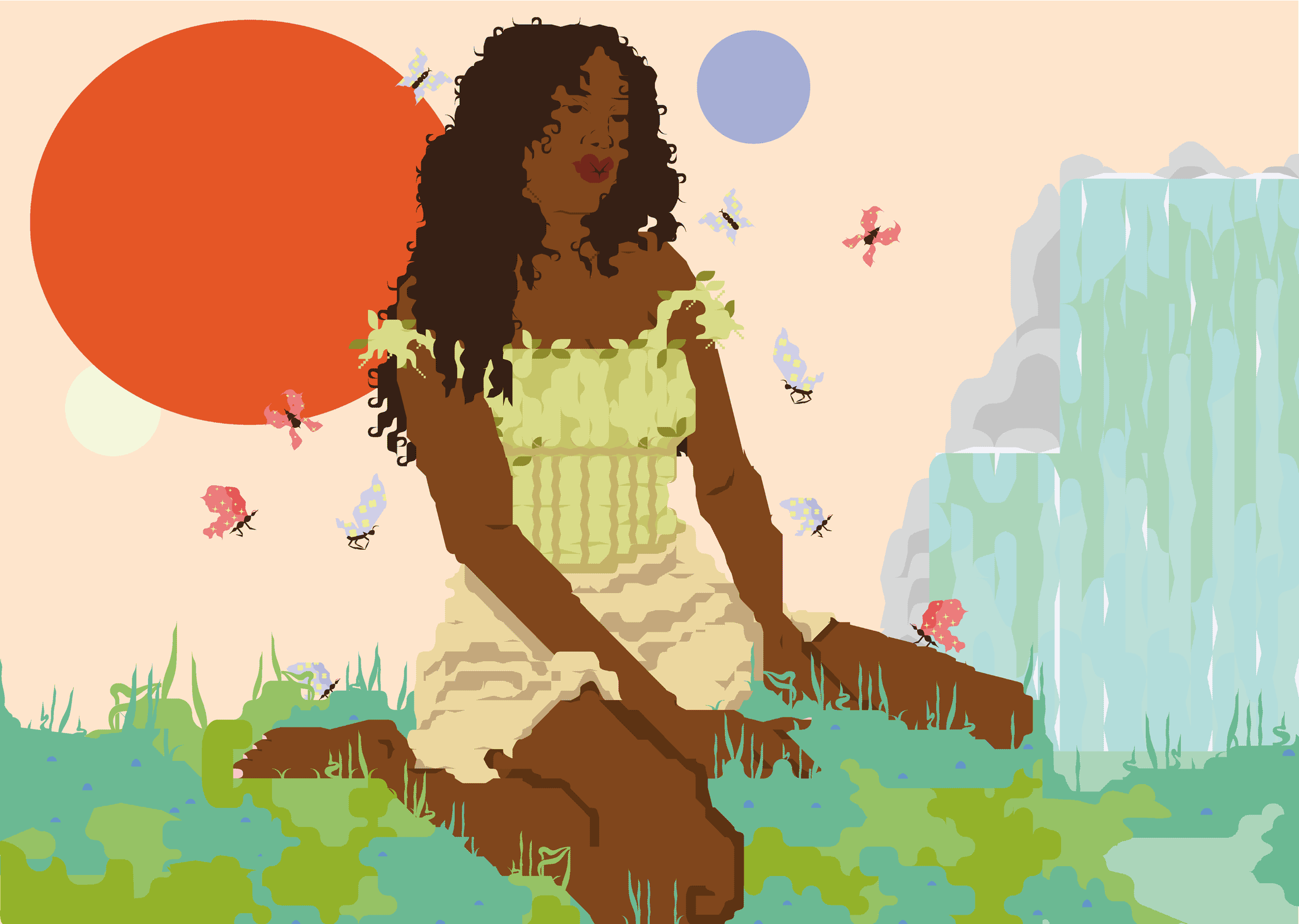 An illustration of a black woman sitting on a mossy field surrounded
                    by butterflies. In the background there is a waterfall, a sun, and a moon.