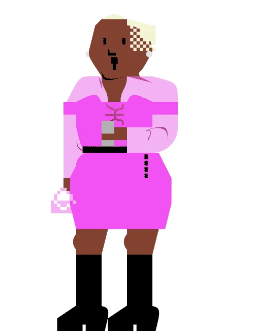 An illustration of a brown person in a pink dress holding a beer
                            and a small pink bag.