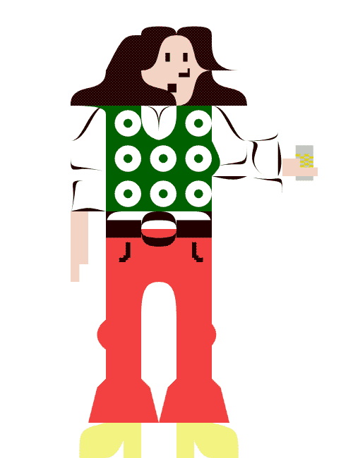 An illustration of a person with a graphic green vest and red bell-bottom
                    pants is holding a can of beer.
