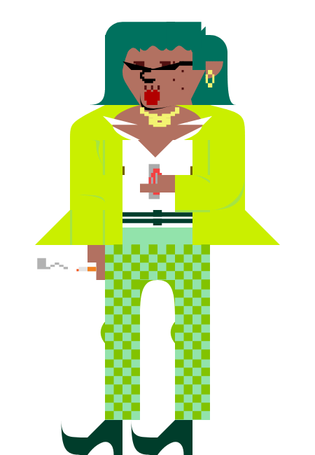 An illustration of a brown person in a lime green pant suit is smoking and holding a 
                    can of beer. they are also wearing sunglasses and a dark red lipstick.
