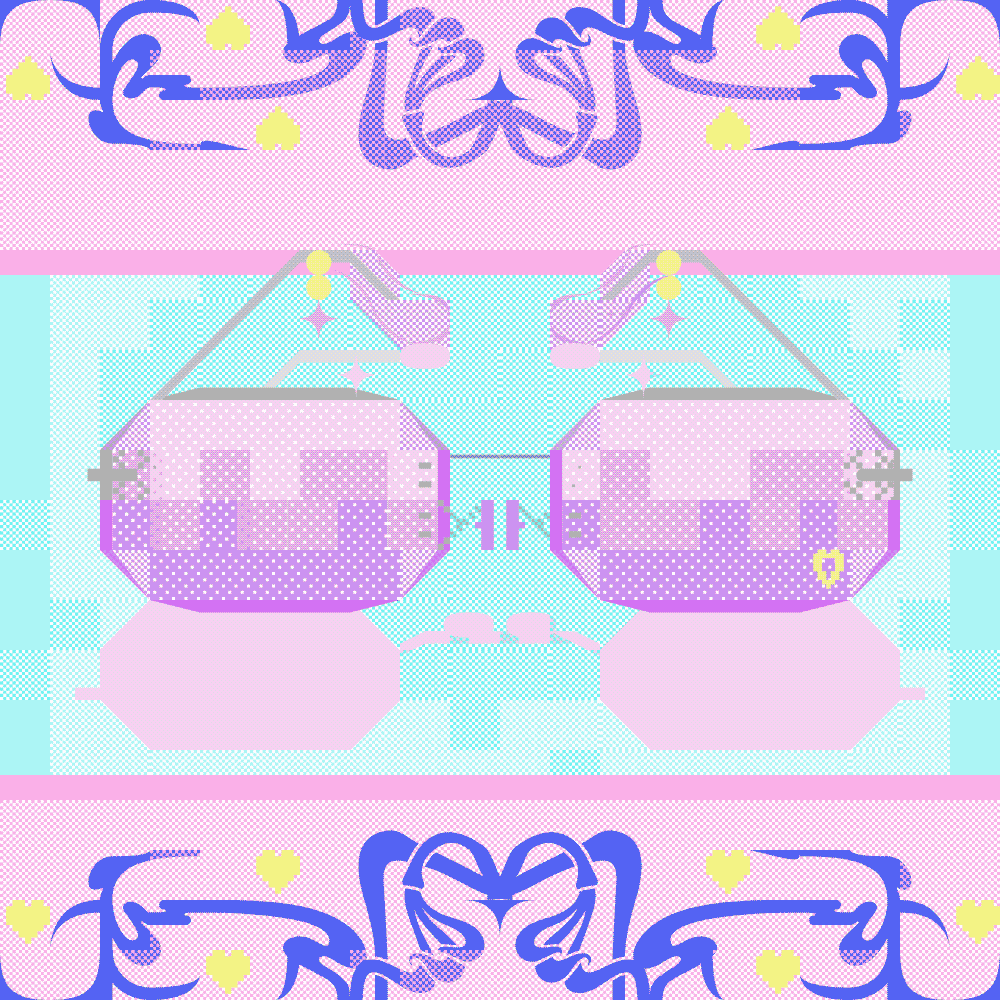 A blue, pink and yellow illustration of early 2000s sunglasses.
                It has a decorative border running at the top and bottom of the image.