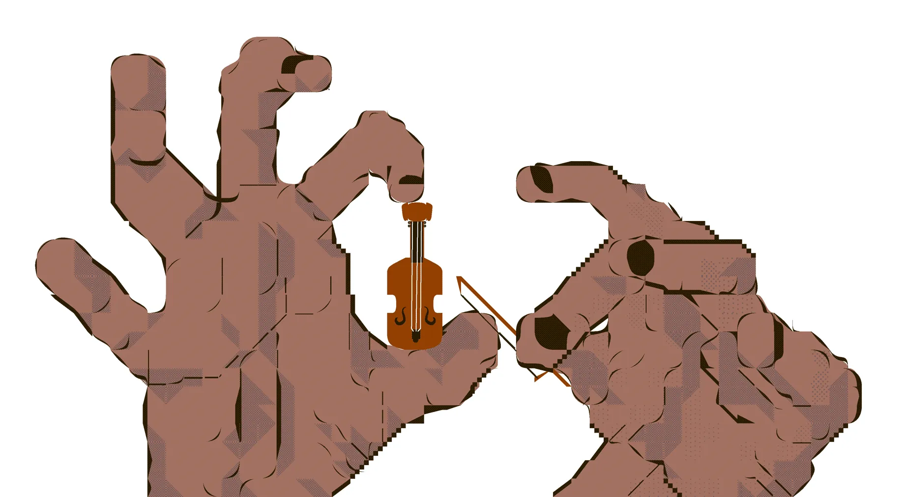 An illustration of a pair of brown hands gently holding
                    a tiny violin.