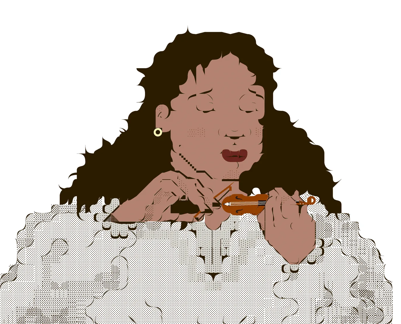 An illustration of a brown person wearing a white puffy shirt with a somber
                    expresion on their face. They are playing a tiny violin.