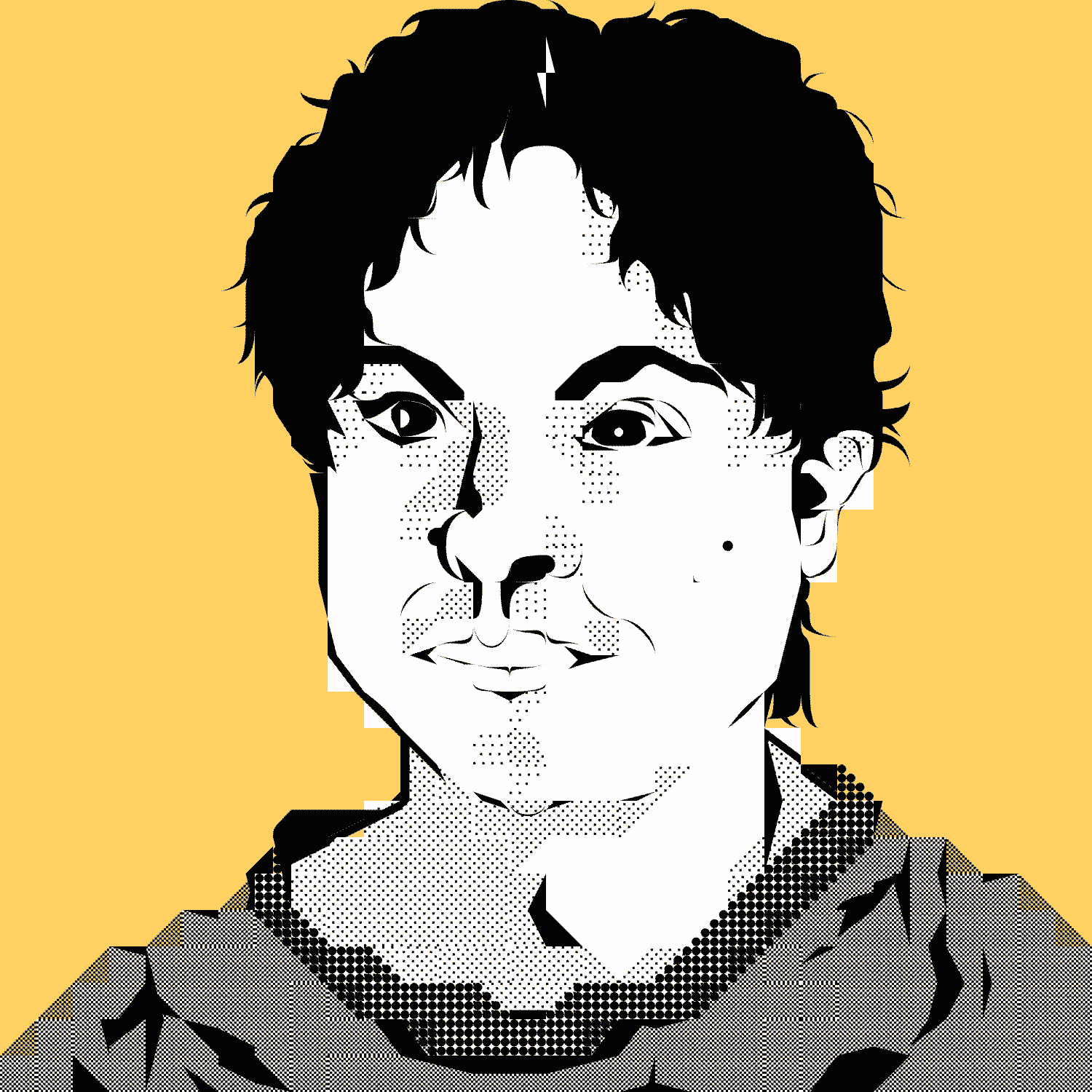 a black and white illustration of a person. The background is
                    a solid yellow color.